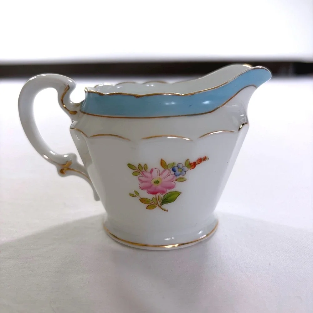Vintage Noritake China Hand Painted Floral Creamer Sugar Egg Cup Set Blue Gold